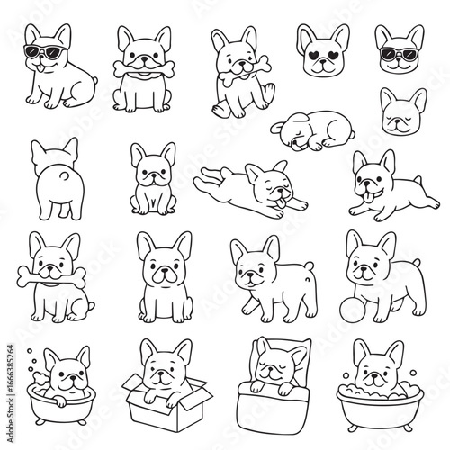 Adorable vector illustration of playful French Bulldogs doing different activities. The dogs are depicted in boxes, wearing sunglasses and taking a bath. Perfect for design projects