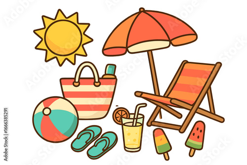 Summer beach vacation essentials icon set. Cartoon vector collection of holiday items. Sun, umbrella, deckchair, bag, ball, flip flops, drink, ice cream for travel design.