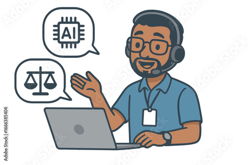 AI ethics and law concept. Technical support professional discussing artificial intelligence regulation, policy, and justice. Vector cartoon of a man with a headset and laptop.
