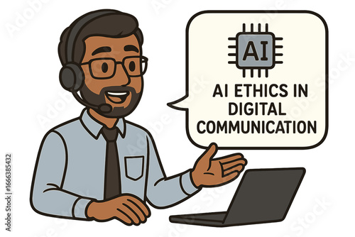 AI ethics in digital communication vector concept. Man with headset discussing artificial intelligence. Technical support, customer service agent at laptop illustration.