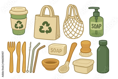 Eco-friendly daily life tools and reusable containers set, sustainable lifestyle items, natural kitchen utensils, zero waste products, cartoon vector illustration with transparent background