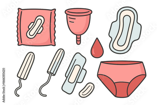 Feminine hygiene vector icon set for menstrual care. Period products collection: sanitary pad, tampon, menstrual cup, panties. Woman health, gynecology, menstruation concept.