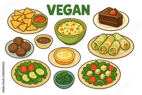 Set of vegan food icons. Variety of delicious plant-based dishes, snacks, desserts, and salads. Cartoon vector illustration of healthy meals like cake, falafel, spring rolls.