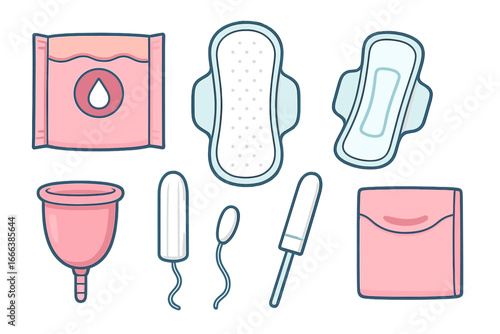 Variety of feminine hygiene products for menstrual care. Sanitary pad, tampon, menstrual cup vector icon set. Women's health, period protection, gynecology flat design elements.