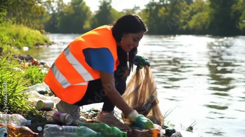 A person wearing an orange safety vest kneels near a body of water, meticulously picking up litter and debris, demonstrating environmental responsibility and community involvement.