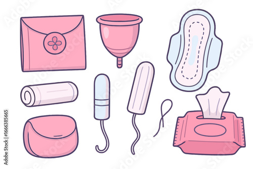 Set of feminine hygiene items for menstruation. Period products concept with tampon, pad, menstrual cup. Intimate woman health care vector cartoon illustration collection.