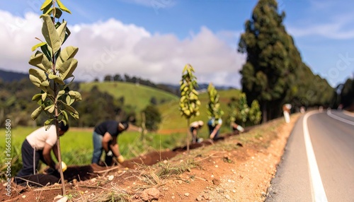 Team Planting Trees Along a Roadside for Environmental Restoration
