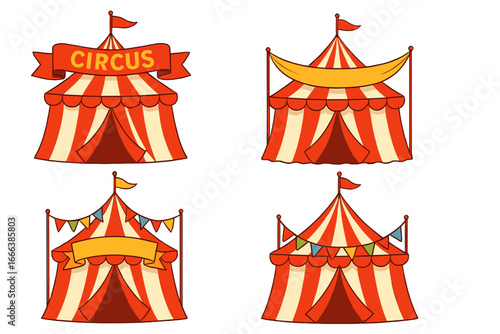 Set of vector circus tents with banners and flags. Classic red and white striped big top collection for carnival, fair, or festival events. Cartoon funfair illustration.