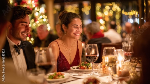 A young Hispanic woman with dark hair smiles at a festive dinner table. A young Caucasian man sits beside her, both enjoying a meal in a warmly lit restaurant.