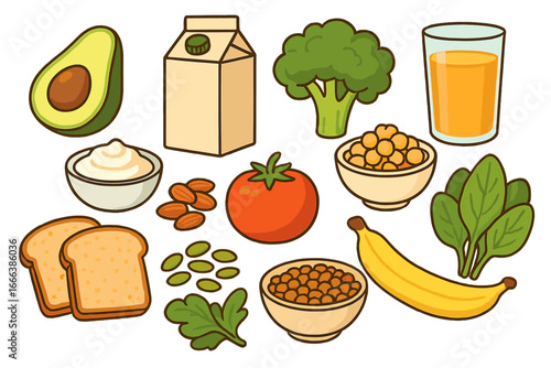 Collection of healthy vegan food for good health. Plant-based diet concept. Avocado, plant milk, broccoli, juice, chickpeas, lentils, nuts, seeds, spinach, banana, tomato, bread.