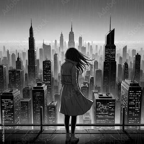 Woman watches rain-swept city