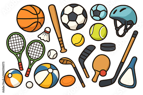 Big set of various sports equipment. Cartoon vector illustration icons for games like basketball, soccer, baseball, tennis, hockey. Flat design recreational activity items.