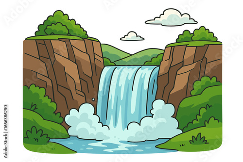 Waterfall vector illustration. Cartoon nature landscape with river, water stream and rock cliffs. Scenic cascade in a mountain forest. Travel and ecology concept background.