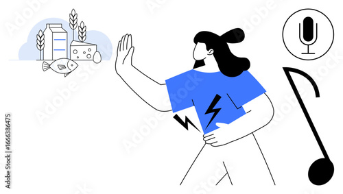 Woman turning away from food icons thumbs up fish, dairy, and wheat, with music-related elements such as microphone and note. Ideal for food allergies, lifestyle, diet choices, health themes