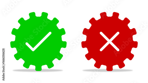 Green Tick and Red Cross Sticker Icons in Circular Gear Shape Vector