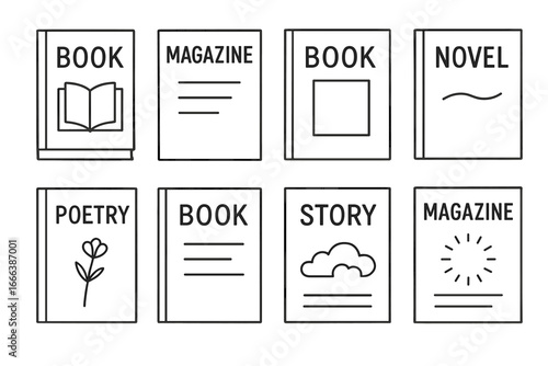 Book and magazine cover line art icon set. Minimalist vector illustrations collection. Reading, library, publishing, and literature symbols. Simple outline graphic design elements.