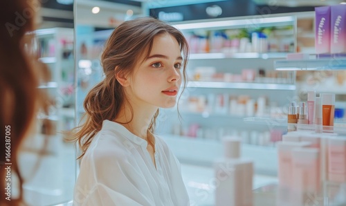 Positive European young woman in a white blouse, admiring herself in a supermarket mirror in the cosmetics and perfumery department, with shelves and display cases background, Generative AI Free Download Positive European young woman in a white blouse, admiring herself in a supermarket mirror in the cosmetics and perfumery department, with shelves and display cases background, Generative AI - GFXLoad