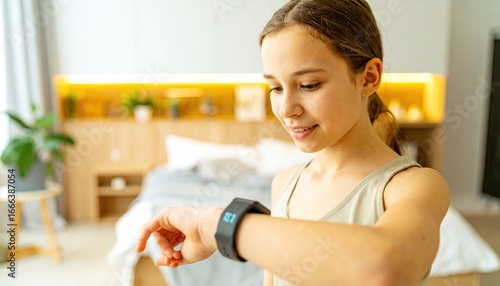 Teenage Girl Checking Smart Wristband in Bright Bedroom