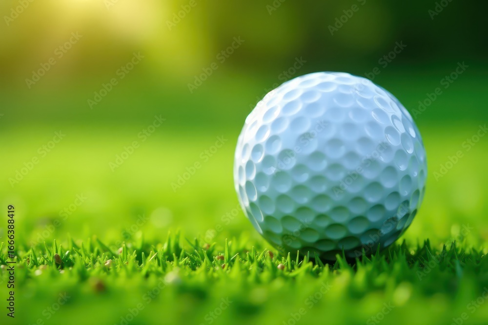 Obraz premium Close-up of dimpled golf ball resting on lush green , putting, course