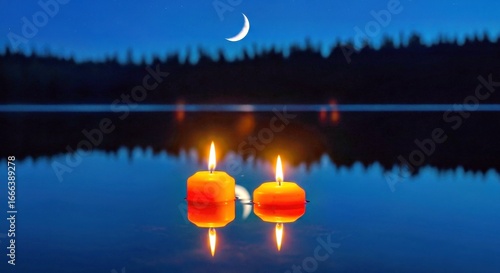 
two candle itwo candle in water the light show background on moon and trees, candle, flame, light, fire, dark, christmas, candlelight, burning, wax, candles, black, romance, celn water the light show