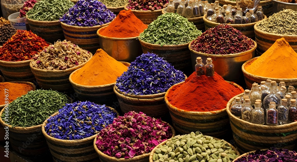 Fototapeta premium Vibrant Conical Spice Display at Market Stall