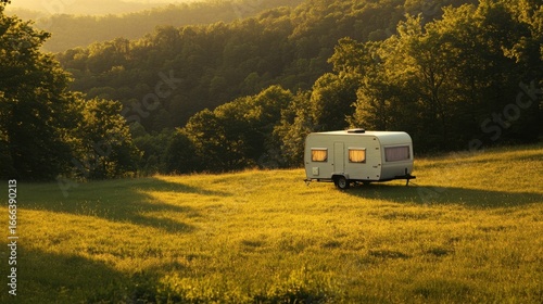 Sunset Camping Idyllic RV in a Meadow.