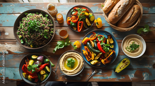 Wallpaper Mural Wooden table set for lunch, with colorful vegan dishes like quinoa salad, roasted vegetables, hummus, and fresh bread Torontodigital.ca