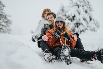 Group of friends sledding down a snow-covered hill, smiling and having fun during a beautiful winter day surrounded by snowy trees and enjoying outdoor holiday activities.