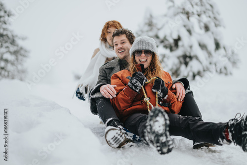 Group of friends sledding down a snow-covered hill, smiling and having fun during a beautiful winter day surrounded by snowy trees and enjoying outdoor holiday activities.