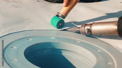 Construction worker installing pvc roofing membrane around roof drain