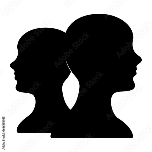 Silhouette of two human heads in profile representing unity or duality