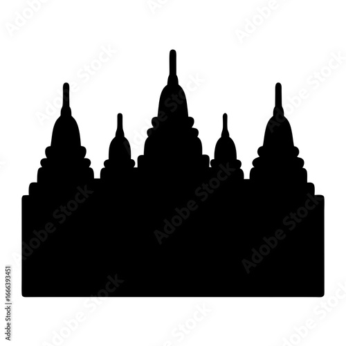 Detailed silhouette illustration of a Cambodian temple architecture with multiple stupas