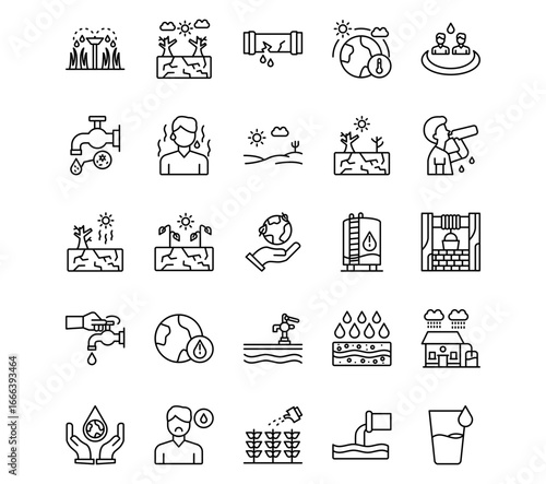 Water Crisis Line Vector Icons