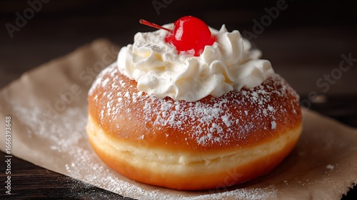 Berliner donut with whipped cream and cherry