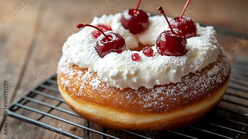 Berliner donut with whipped cream and cherry wire rack for sale