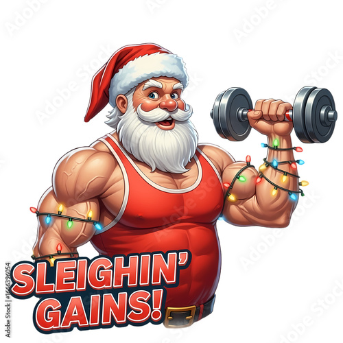 Funny Santa Claus Gym Christmas. Santa lifting candy cane dumbbells.