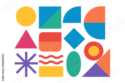 Colorful geometric shapes set. Modern abstract basic forms. Simple primitive figures. Vector flat design elements for poster, banner, web, background. Isolated illustration.