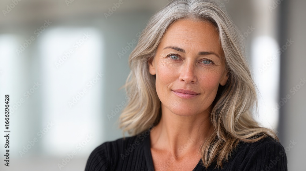 Fototapeta premium A confident mature woman with long gray hair smiles warmly. The setting is bright and modern, conveying a sense of professionalism and approachability.