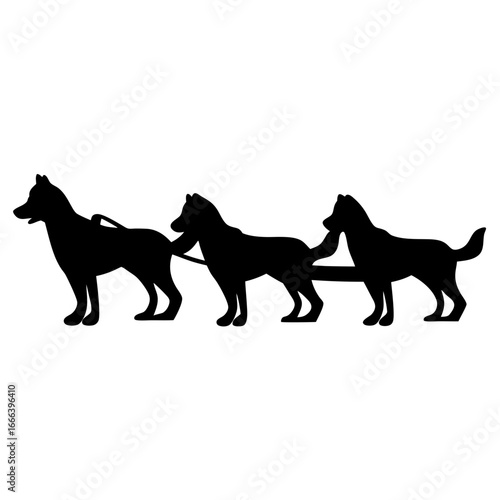 A black silhouette of a sled dog team on a white background