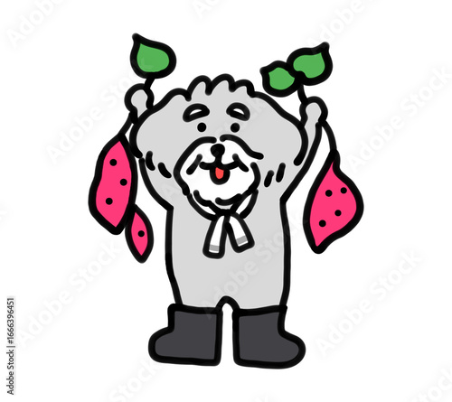 芋掘りをする手描きの犬