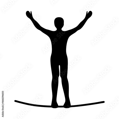 Silhouette of a person standing on a rope with their arms raised