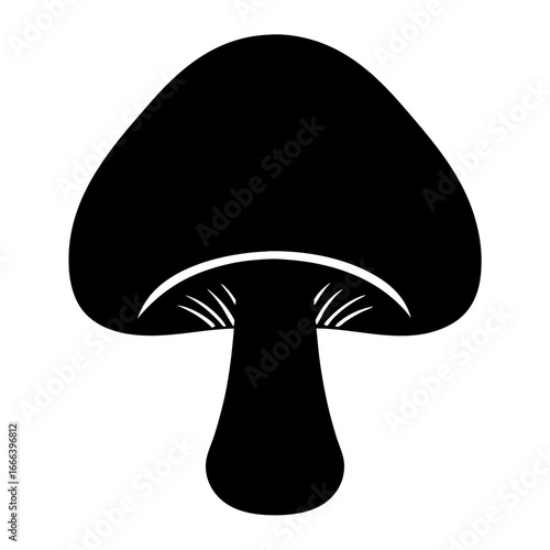 A stylized black mushroom with visible gills, depicted in a simple design