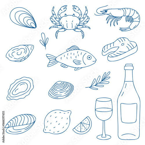 Mediterranean cuisine doodle set. Hand-drawn food and drink sketch illustrations for menu, cafe, restaurant or bar design.