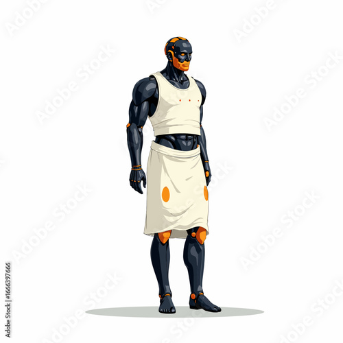 Futuristic Humanoid Robot with Orange Accents Wearing a Simple White Tunic and Skirt Displaying an Intriguing Blend of Advanced Technology and Ancient Fashion