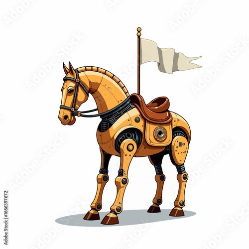 Illustration of a Futuristic Robotic Horse with Mechanical Details and Flag, Depicting Advanced Technological Design and Engineering Precision