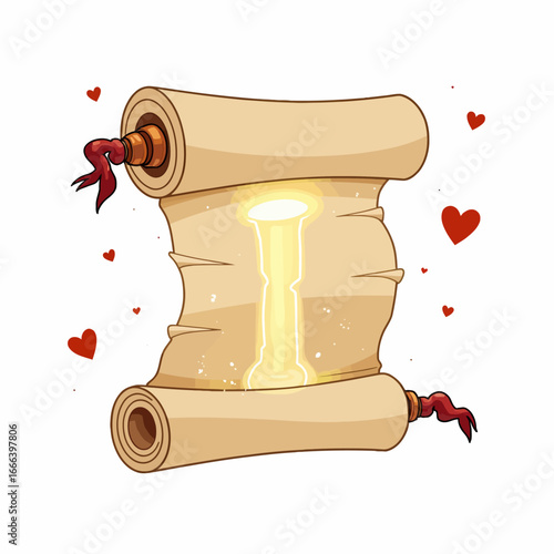 Enchanted Scroll Unraveling with Magical Glow Amidst Heart Symbols Brings Mystical Romance to Life in a Whimsical World