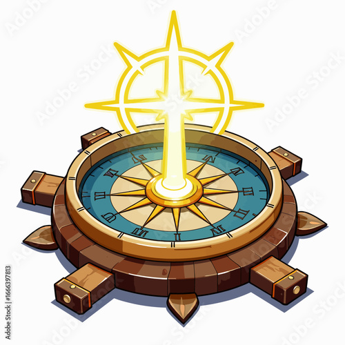 Intricate Wooden Sundial with Radiant Sunburst Design Showcasing Ancient Roman Numerals and Compass Points for Navigational Insights
