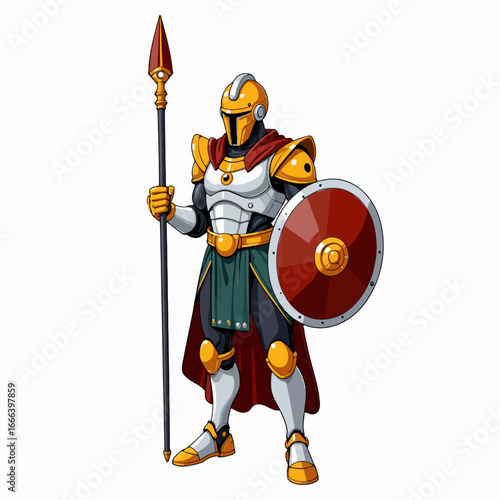 Illustration of a Medieval Warrior in Golden Armor Holding Spear and Shield with Helmet and Red Cape on White Background