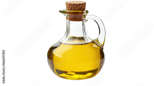 Olive Oil in Glass Carafe with Cork Stopperi solated on a Transparent or white Background