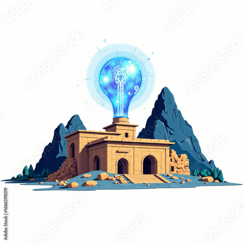 Illustration of Ancient Temple with Glowing Futuristic Light Bulb Emanating Digital Energy against Mountainous Backdrop